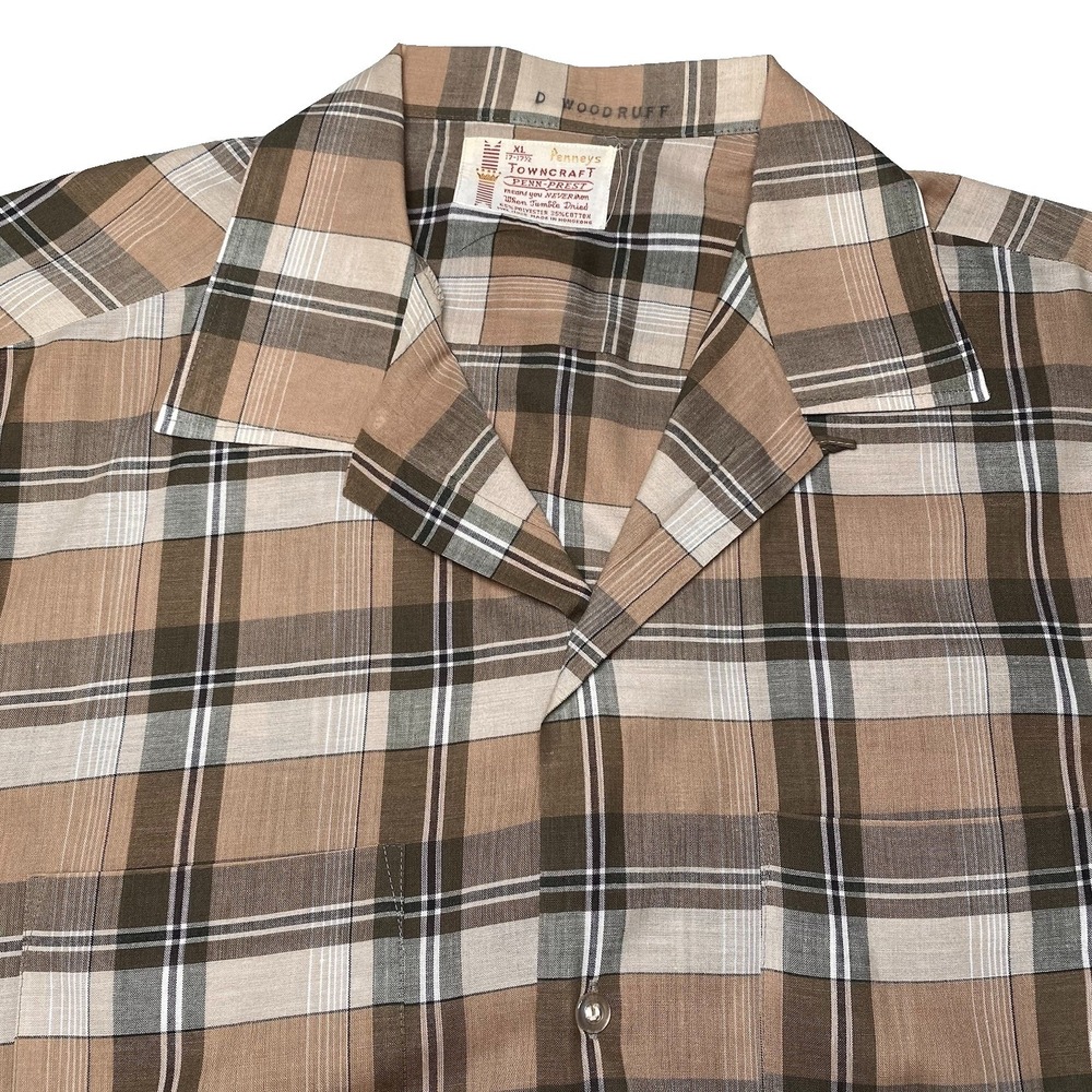 60s Pennys Towncraft Camp Shirt XL S/S Loop Collar Rockabilly Brown Plaid
